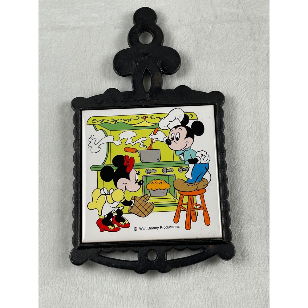 Vintage Disney Mickey Minnie Mouse Cast Iron Trivet Wall Decor Tile Japan Retro